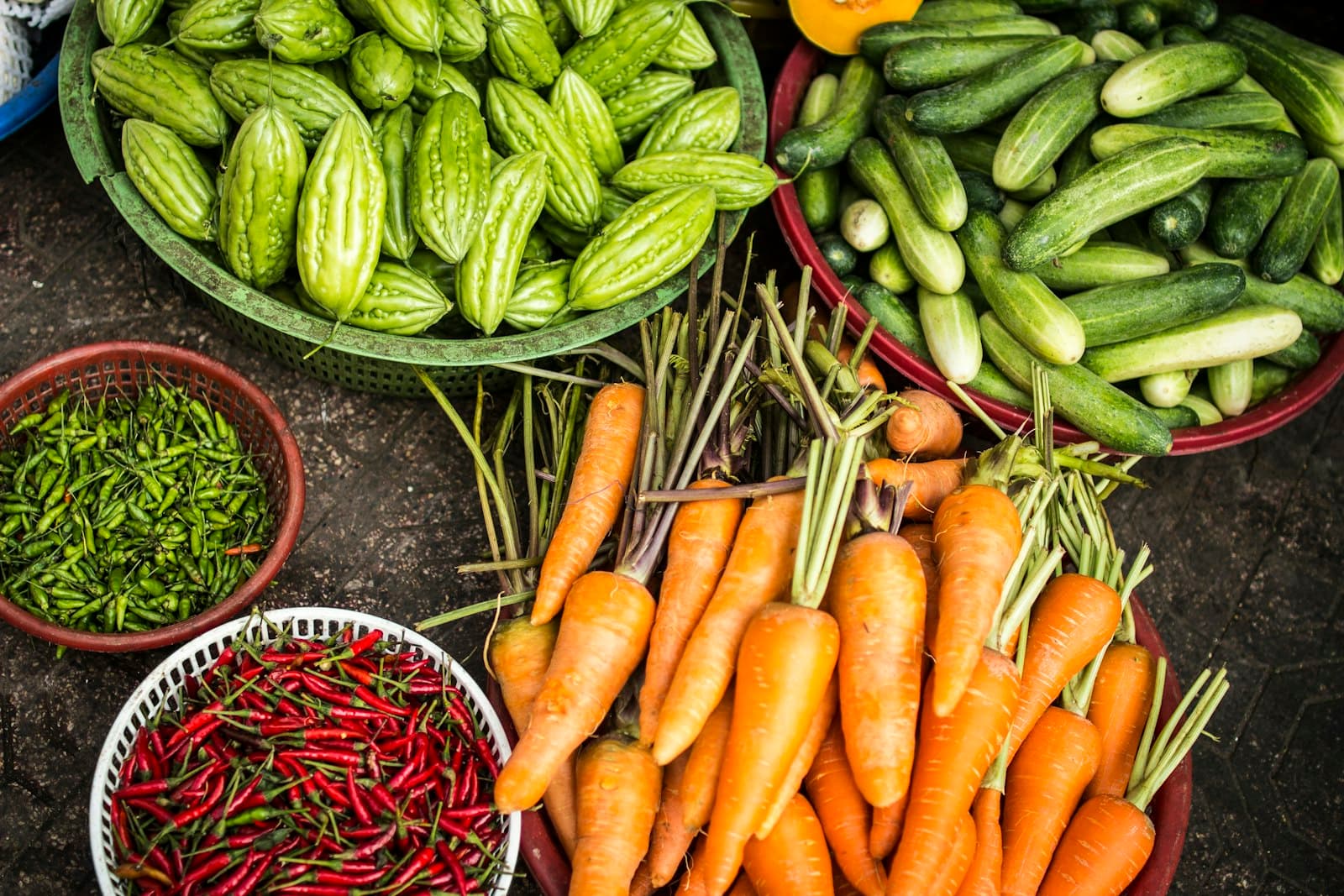 Légumes récoltés : carottes, concombres et piments